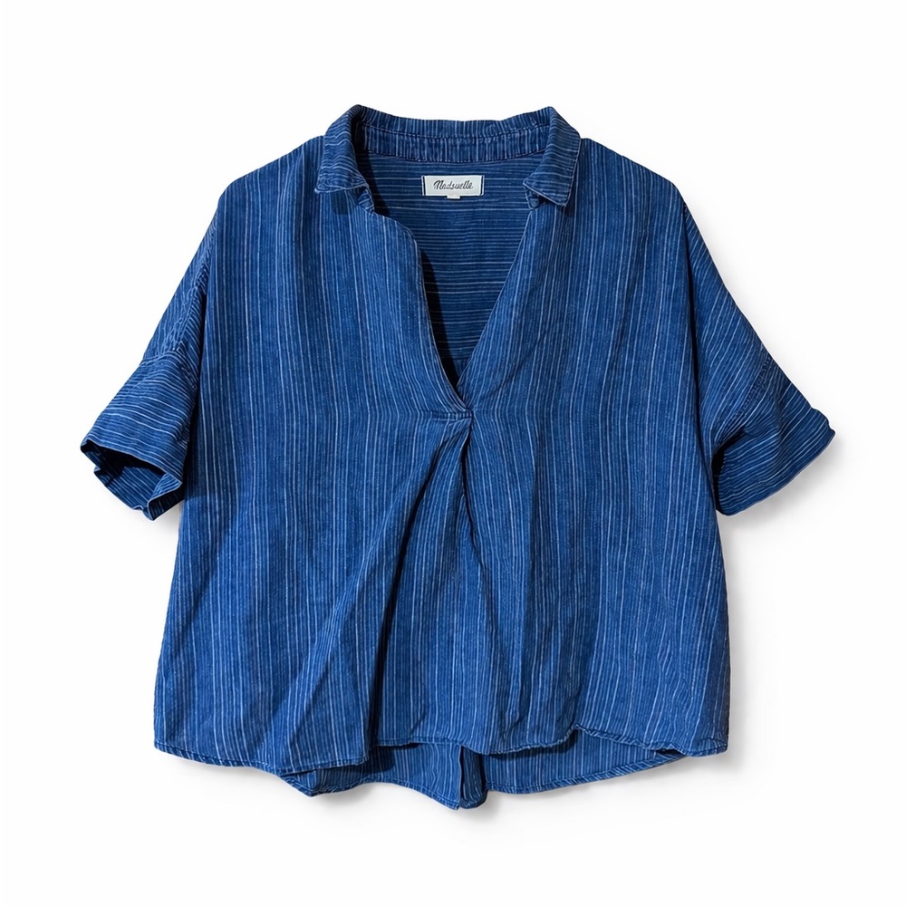 Madewell Blue Striped Buttonless V-Neck Boxy Top